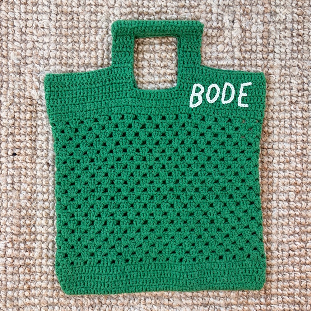 BODE Green Crochet Tote Bag with Square Handles
